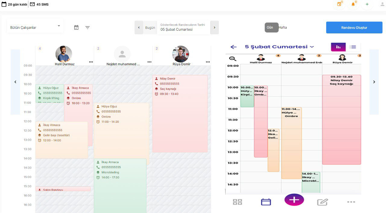 Randevu takvimi ve randevu detayını gösteren Salon Randevu web panel ekran görüntüsü.