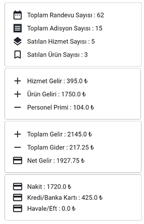 En iyi online müşteri takip programı Salon Randevu'nun gelişmiş rapor listesini gösteren mobil panel ekran görüntüsü.